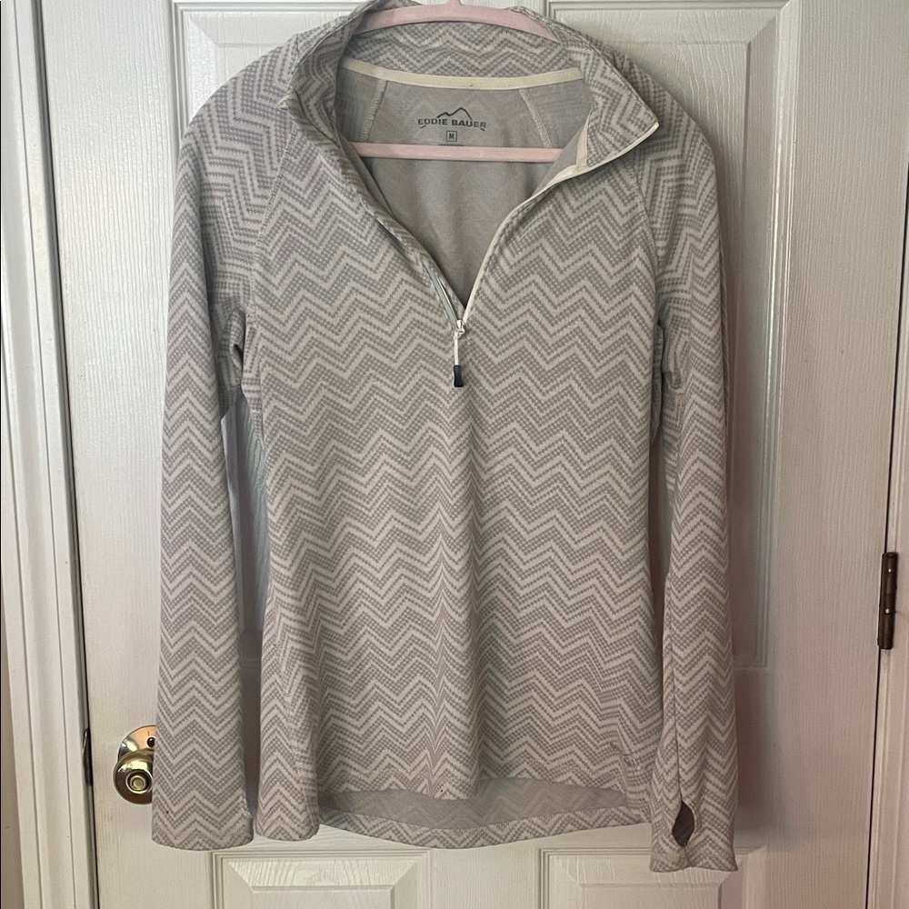 Eddie Bauer Light Gray Chevron Quarter-Zip Pullover great condition